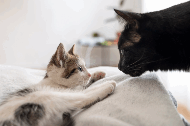 Adult cat interacting with a playful kitten