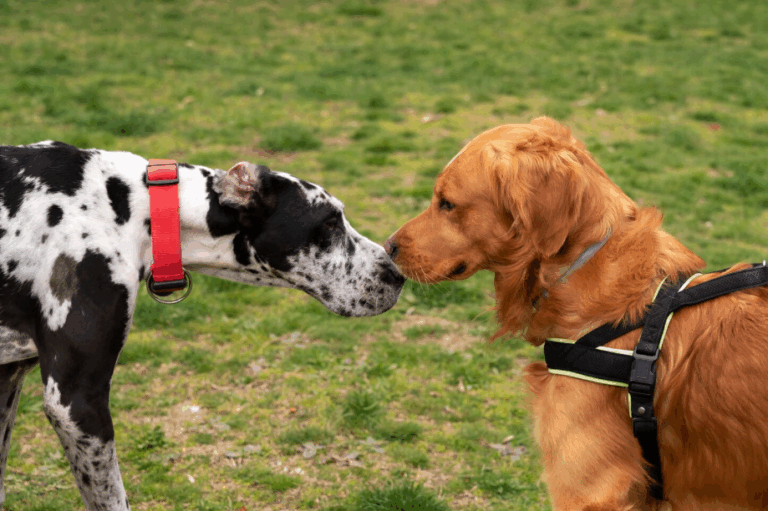Newly adopted dog sniffing noses with a resident dog during introduction
