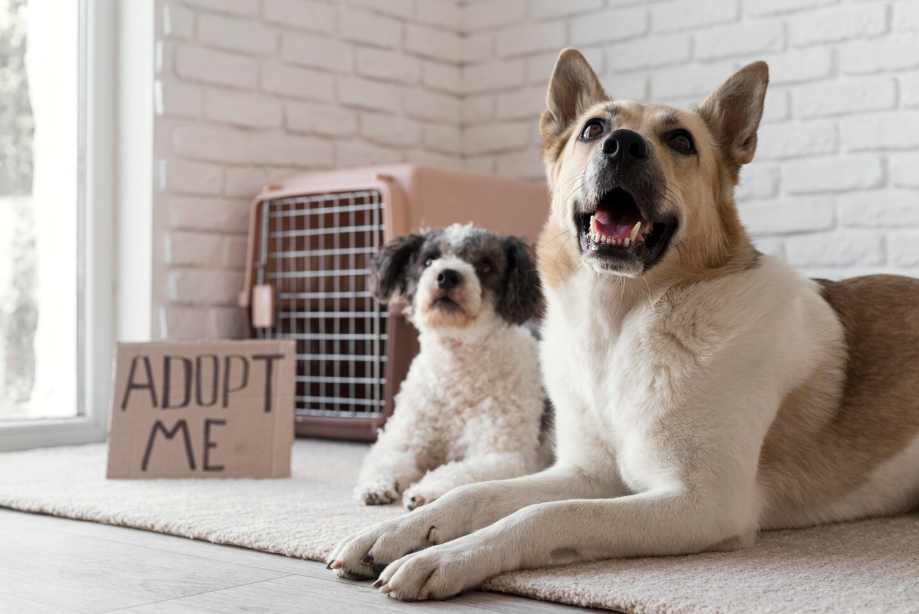 Two shelter dogs with an “Adopt Me” sign, symbolizing rising pet adoption rates in 2025