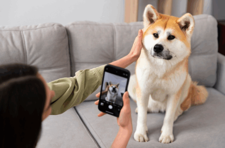Woman taking a photo of a dog for social media to boost pet adoption awareness.