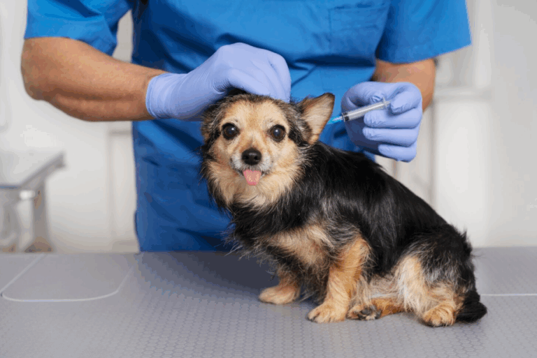 Veterinarian is pet microchipping a rescue dog for identification and safety.
