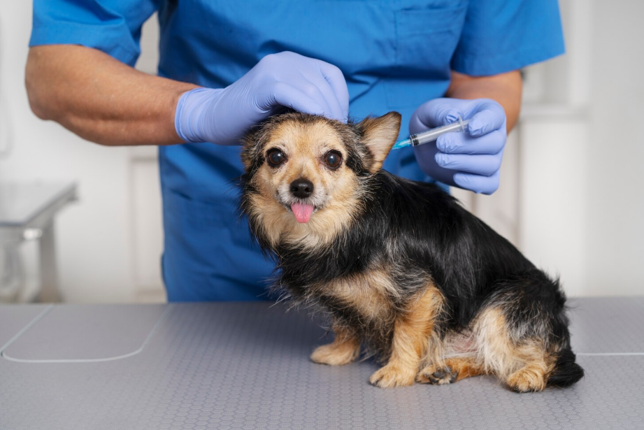 Veterinarian is pet microchipping a rescue dog for identification and safety.