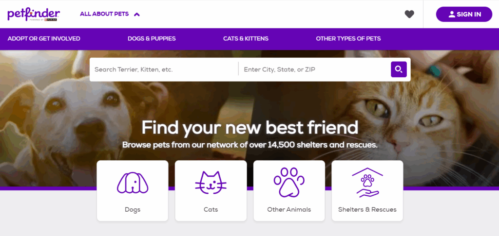 Petfinder virtual pet adoption website homepage