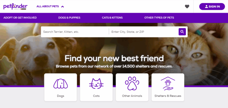Petfinder virtual pet adoption website homepage