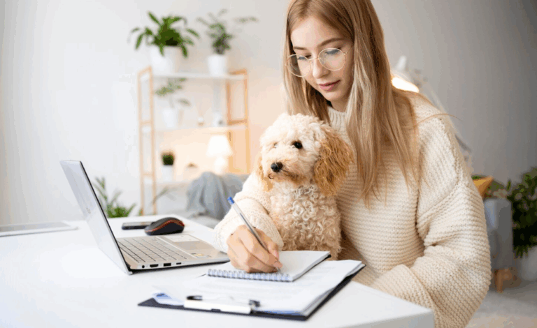 Woman budgeting pet adoption costs at home with her dog