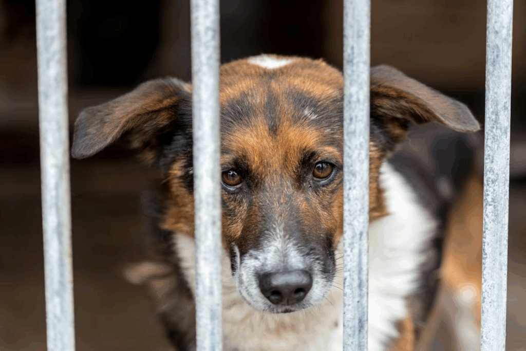 Shelter dog behind bars highlighting adoption vs buying debate
