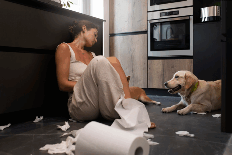 Untrained dog shredding paper while new owner looks overwhelmed